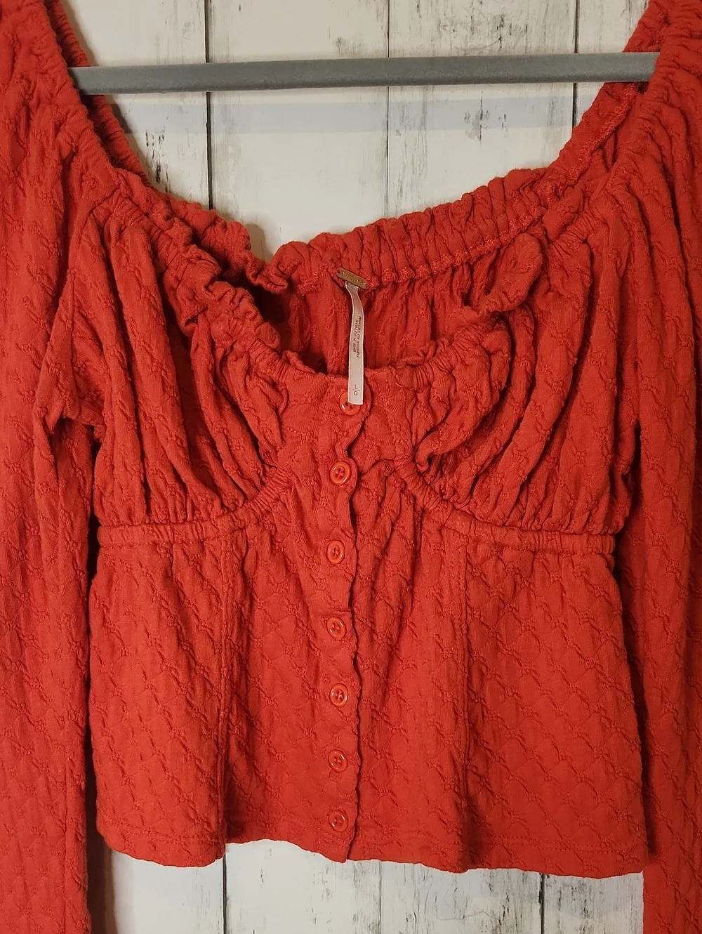Free People Orange Textured Peasant Crop Top | Long Balloon Sleeves | Large